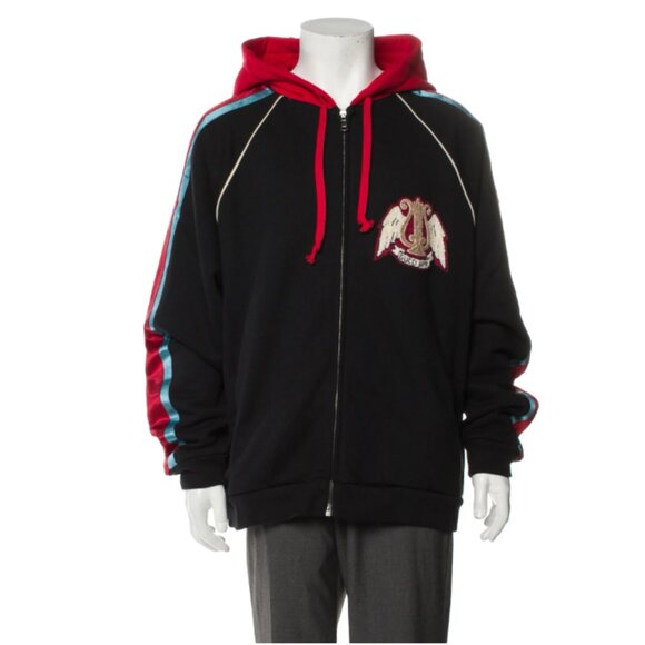 GUCCI FELTED COTTON GUCCI BAND PATCH FULL ZIP HOODED BOMBER JACKET